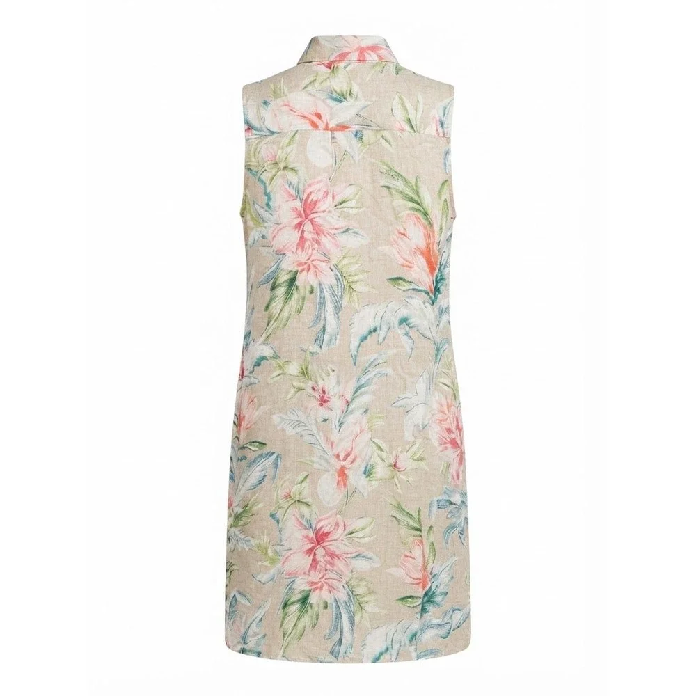Tommy Bahama Womens XL Beige Floral 100% Linen Sleeveless Shirt Dress - CJ